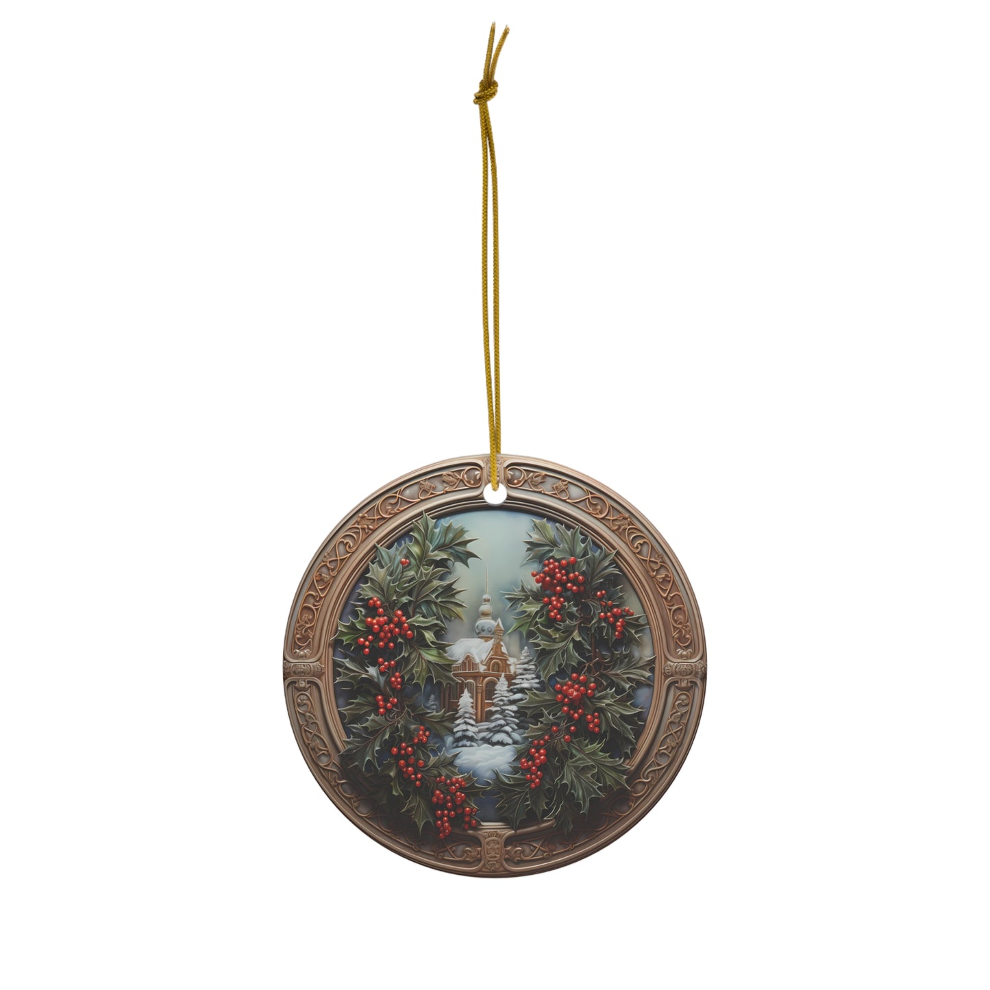 ~Golden Holly I~ Ceramic Ornament