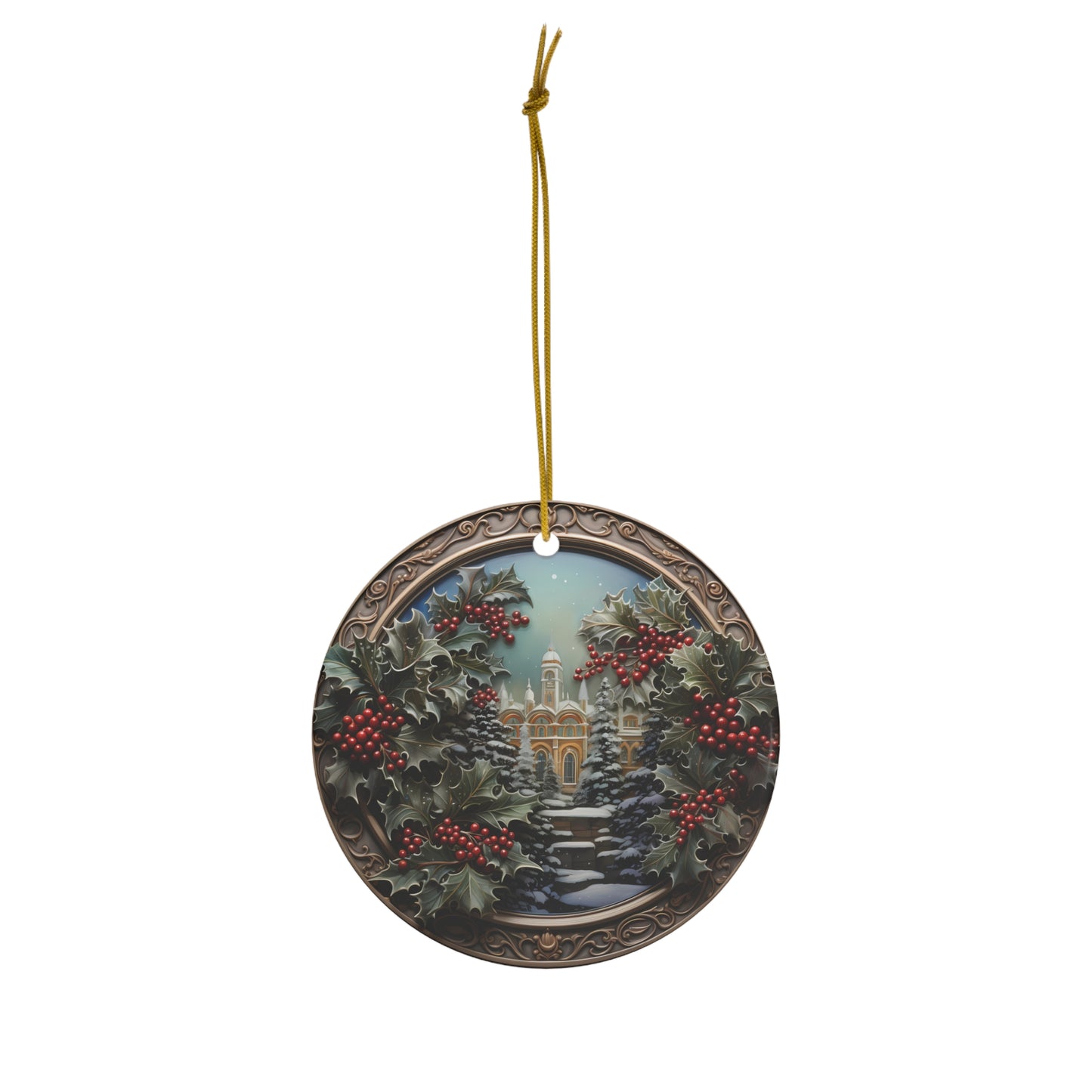 ~Golden Holly II~ Ceramic Ornament
