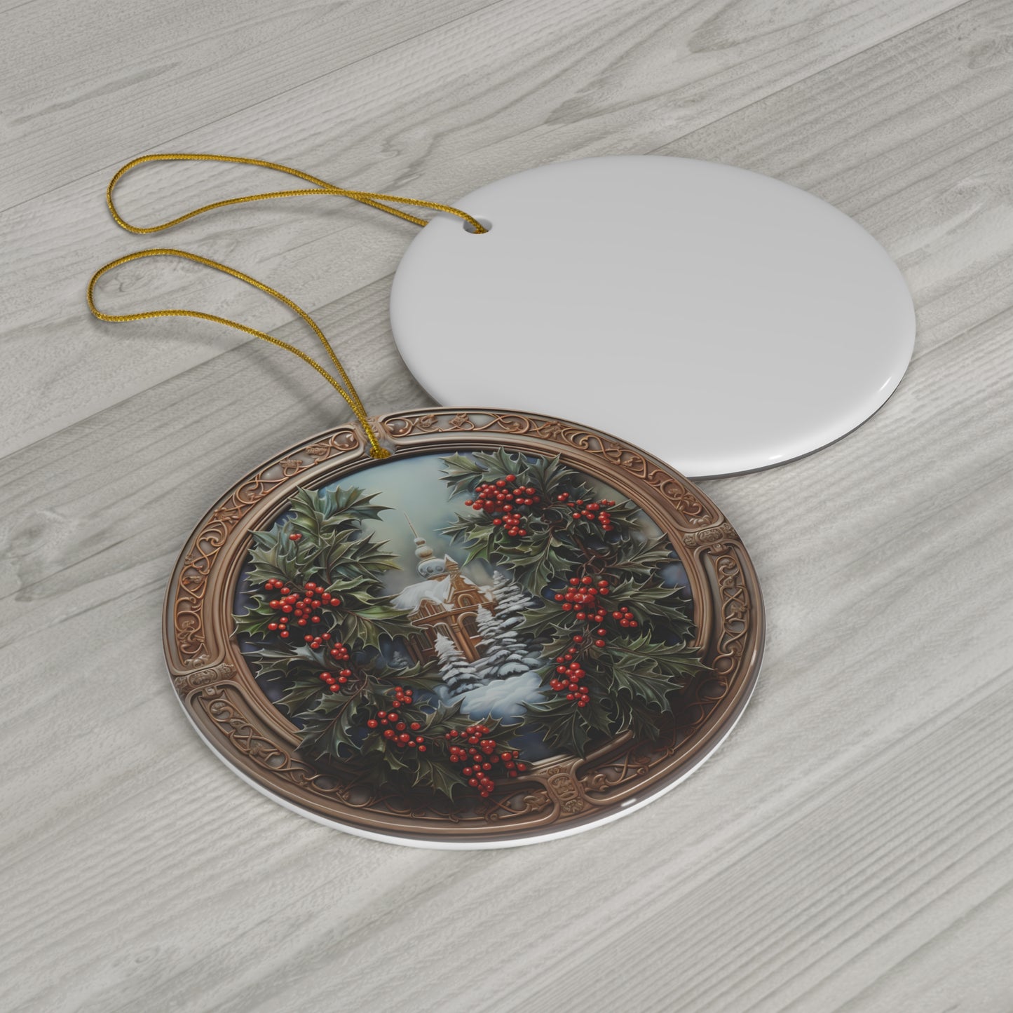 ~Golden Holly I~ Ceramic Ornament