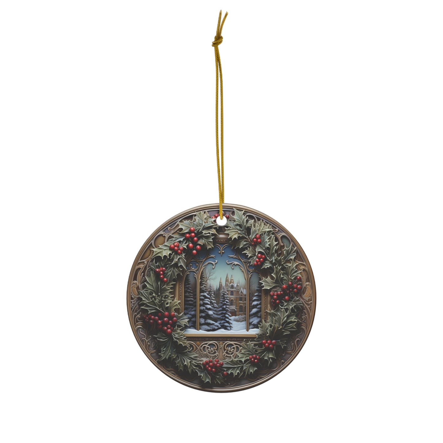 ~Golden Holly III~ Ceramic Ornament