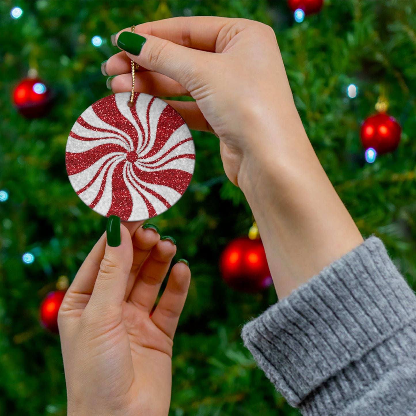 ~Red Spiral Peppermint Candy~ Ceramic Ornament